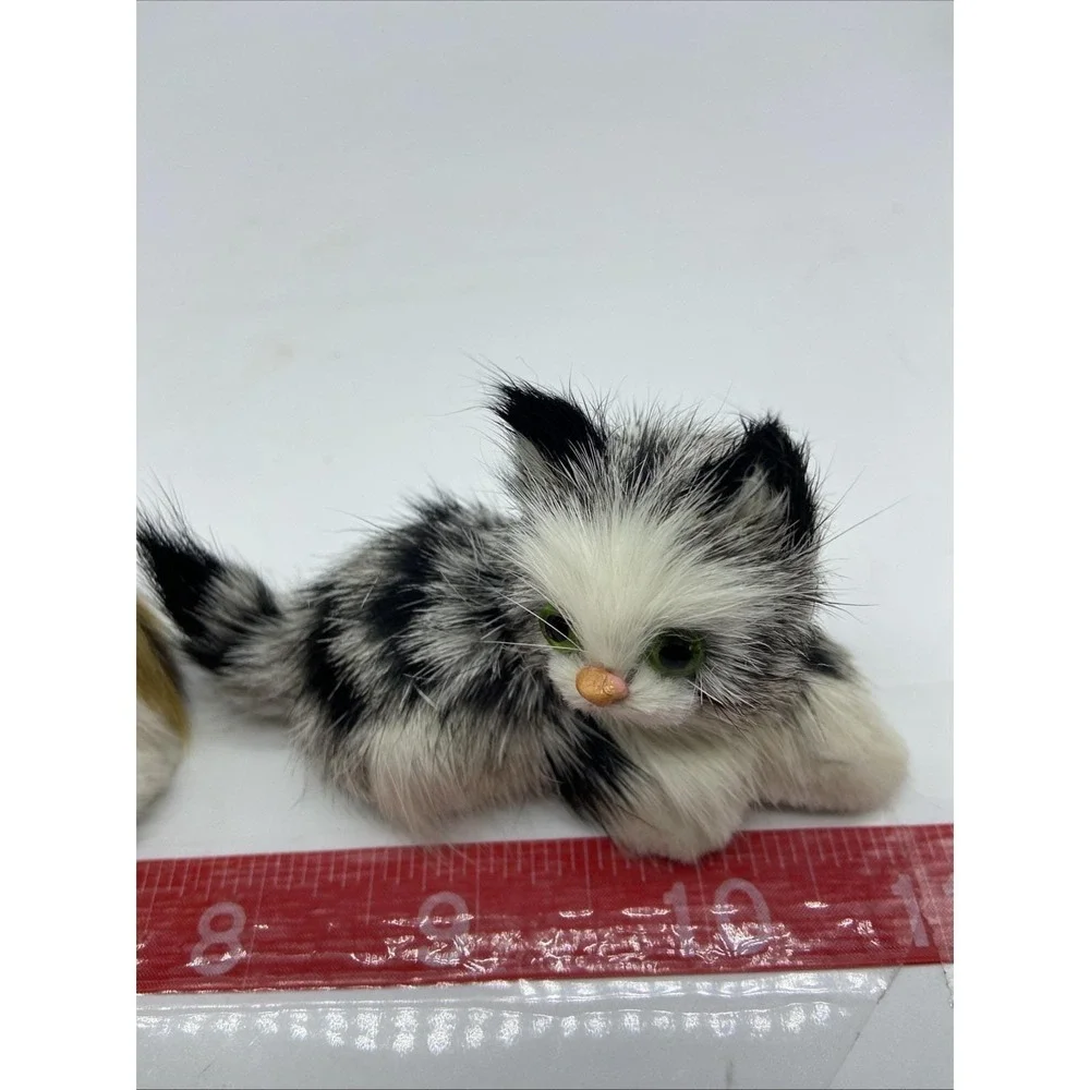 Vintage Realistic Rabbit Fur Miniature Kitten Figurines Set of 2 Cat Decor